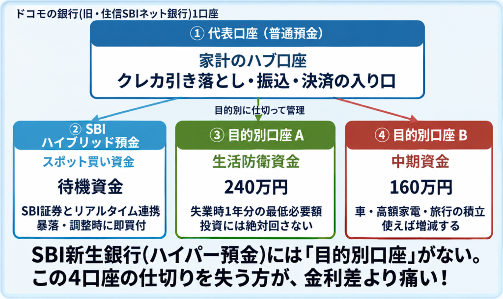 代表口座とSBIハイブリッド預金と目的別口座で生活防衛資金と中期資金を仕切る4口座管理の図解