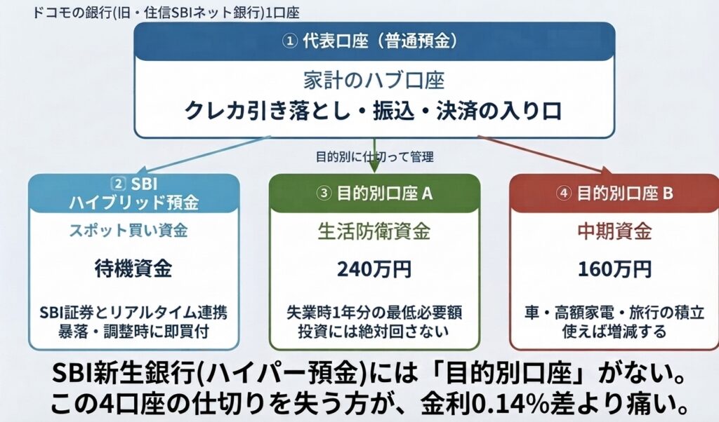 代表口座とSBIハイブリッド預金と目的別口座で生活防衛資金240万円と中期資金160万円を仕切る4口座管理の図解