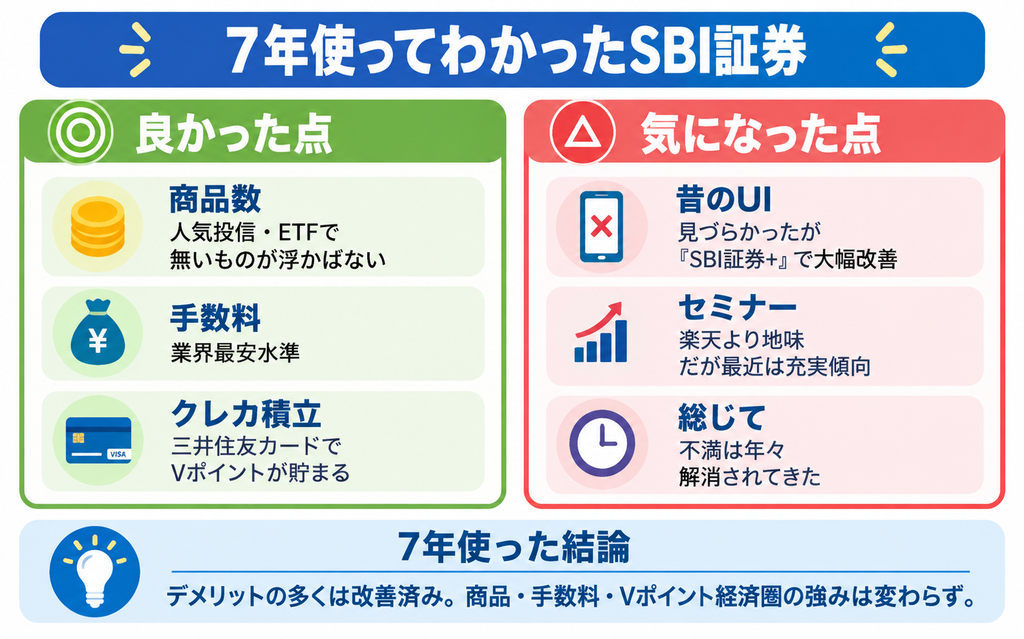 7年使ってわかったSBI証券のメリットとデメリットを整理した図