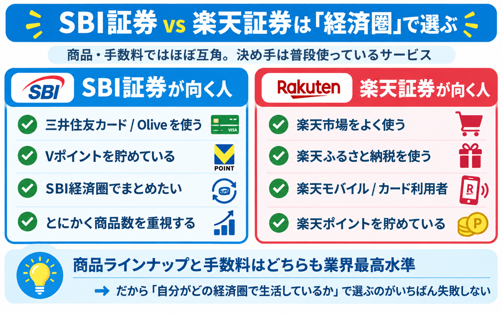 SBI証券と楽天証券を経済圏で選ぶ判断を示した図