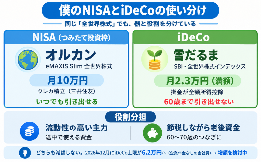 NISAはオルカン月10万円iDeCoは雪だるま満額という全世界株式の使い分けと役割分担を示した図