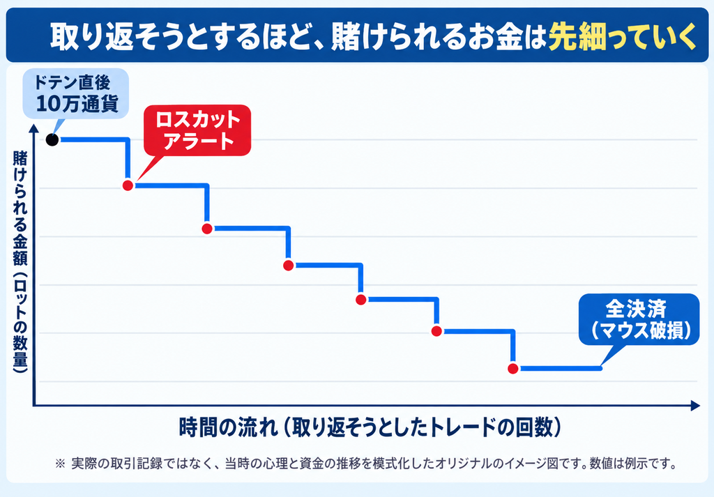 ロスカットアラートが鳴るたびにロットを下げていく階段グラフ。取り返そうとするほど賭けられる金額が先細っていく様子を示すオリジナルのイメージ図