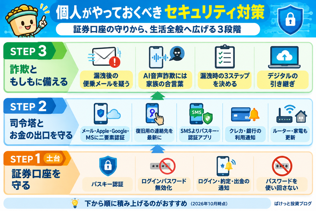 証券口座の対策から生活全般へ広げる個人のセキュリティ対策を3段階で示した図