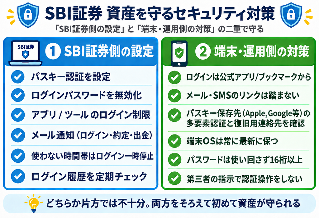 SBI証券のセキュリティ対策をSBI証券側の設定と端末運用側の対策の二層で示したチェックリスト図