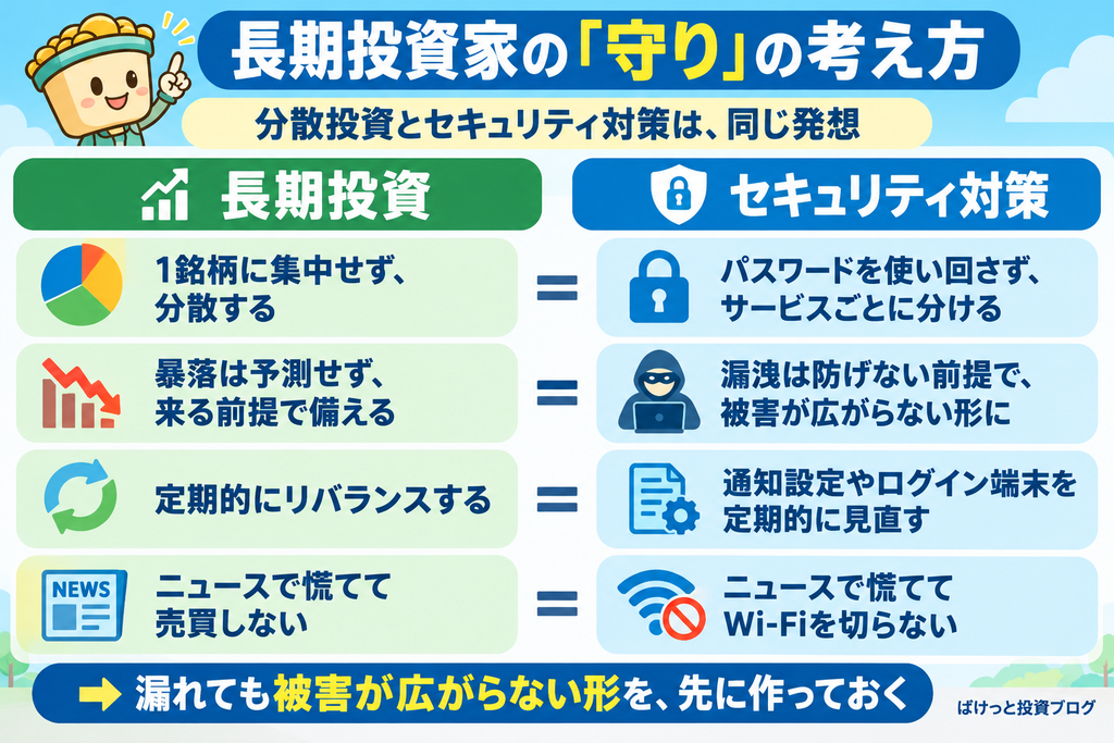 分散投資と被害を分散させるセキュリティ対策の考え方を比較した図